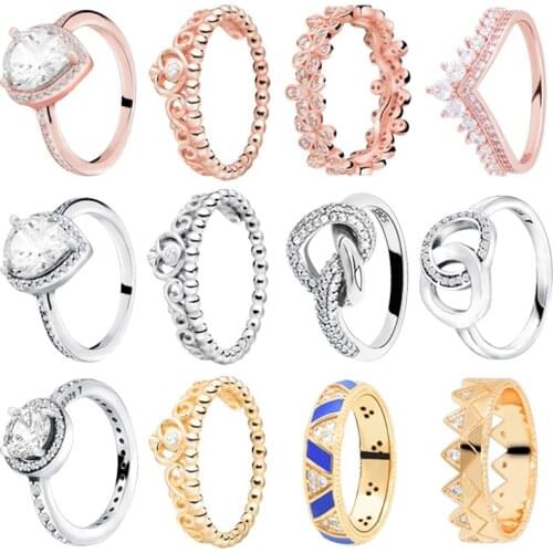 Bewill Authentic 925 Sterling Silver Princess Tiara Crown Sparkling Love Heart CZ Ring For Women Engagement Jewelry Anniversary