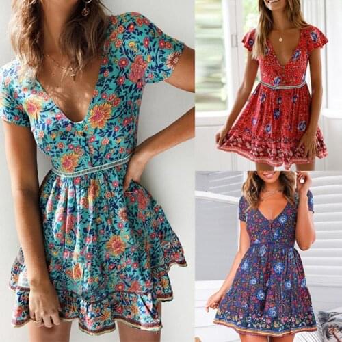 Hot Sale Summer Beach Boho Floral Print Buttons Deep V Short Sleeve Women Mini Dress