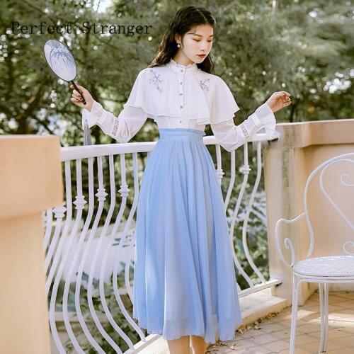 2020 Spring New Arrival Retro Fake Two Pieces Stand Collar Cape Style Flower Embroidery Long Sleeve Women Chiffon Long Dress
