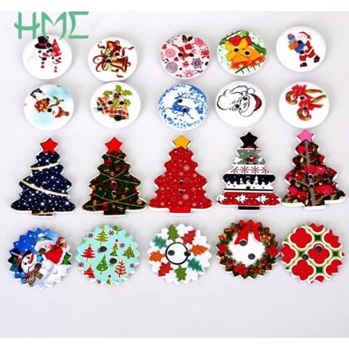 50PCs Random Mixed 2 Holes Christmas Decorative Buttons Mixed Sewing Wooden Scrapbooking Buttons Chris-Tree shape 2017 New