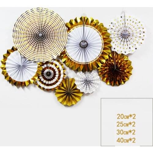 8pc/Set Diy Hanging Paper Fans Set Rose Gold/ Gold/Silver Round Pattern Paper Garlands for Party Wedding Birthday New Year Favor