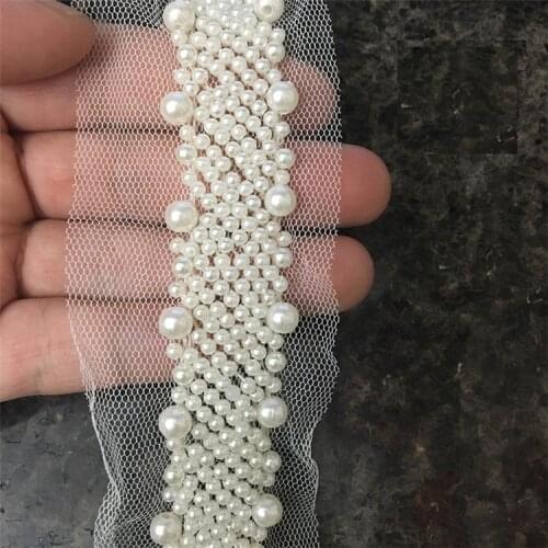 85cm/lot 2cm/0.787'' wide Good quality white beaded lace trim cuffs belts headscarf imitation pearl diy home accessories X369