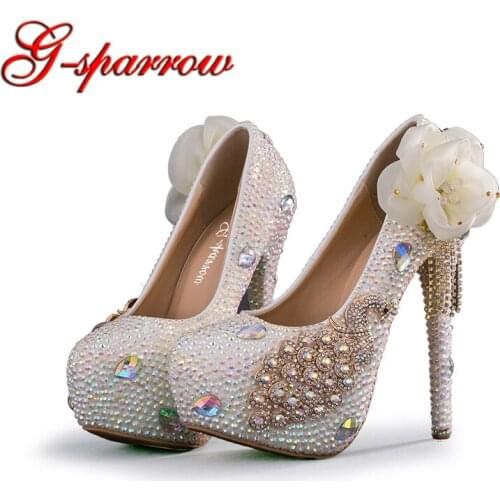 2018 White AB Crystal Wedding Shoes Shiny Special Event Ceremony Pumps Tassel Phoenix Rhinestone Prom Party Shoes Plus Size 43