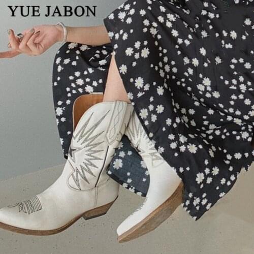 White Black Women Leather Boots Pointed Toe Mid Heels Slip On Western Boots Genuine Leather Cowboy Boots For Women Short Boots