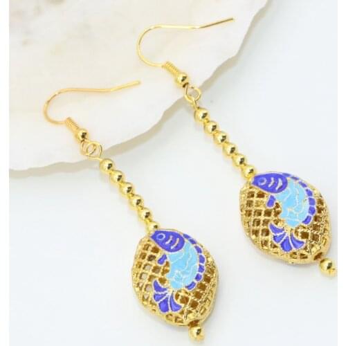 Bohemia style long drop dangle earrings for women gold-color cloisonne hollow 15*20mm charms elegant trendy diy jewelry B2603