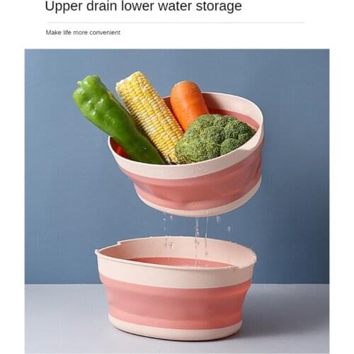 Double Layer 2-in-1 Collapsible Colanders Round Foldable Drain Basket Silicone Kitchen Strainer Bowl Drainer Vegetable Fruit