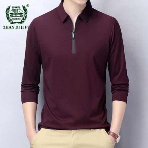 Breathable Polo Shirt Men Long Sleeves New Business Casual Turn Down Collar Zipper Polo Shirts Male Solid Color Cotton Pullover