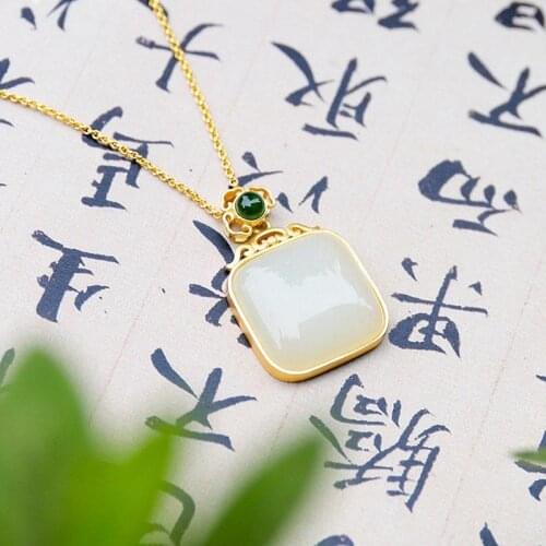 Fanghua Natural Hetian Jade Square White Jade Pendant S925 Sterling Silver Jade Womens Necklace Simple Temperament Clavicle
