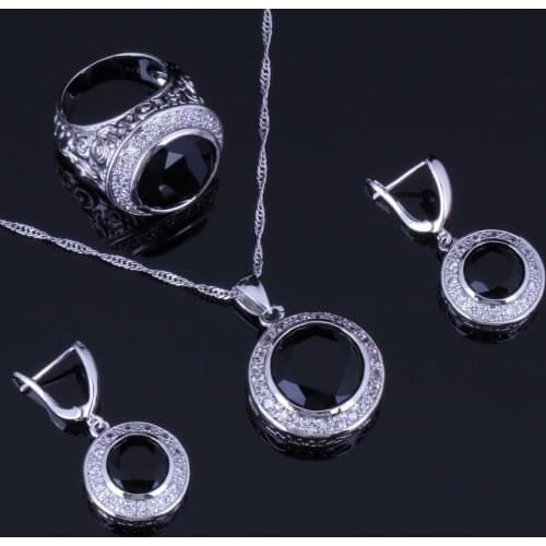 Astonishing Round Black Cubic Zirconia White CZ Silver Plated Jewelry Sets Earrings Pendant Chain Ring V0990