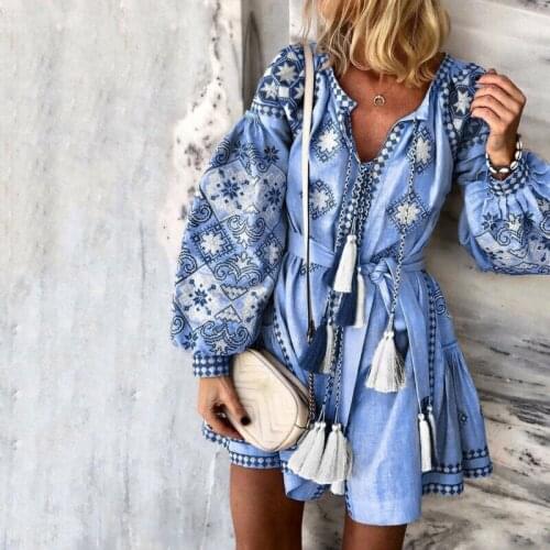 Meihuida Summer Female Bohemian Floral Long-Sleeved V-neck Fringed Sweet Mini Dress Ethnic Holiday Style Beach Dress