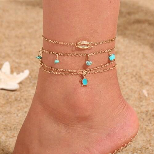 Bohemian Golden Ankle Chain Bracelet Set of 3, Shell Turquoises Tortoise Tassel Dangle Anklets Foot Jewelry for Women Girls