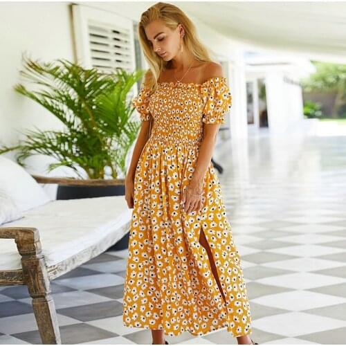 QINJOYER Women Off Shoulder Maxi Dress Elegant Casual Dress Vintage Floral Print Dress Women A-line Loose Beach Dress Vestidos