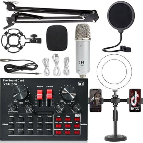 Professional Studio condenser microphone BM900 Ring fill light Wireless Karaoke microphone tripod Sound Card V8XPRO PC Phone MIC