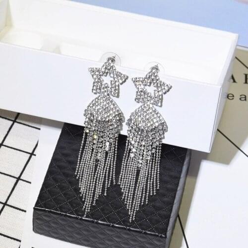 Luxury Hollow Star Zircon Rhinestone Tassel Earrings Vintage Statement Long Drop Earrings for Women Wedding Party Jewelry