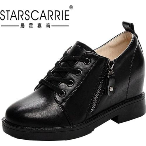 Spring and autumn versatile womens shoes small new leather single shoes womens round head thick heel casual shoes 8cm