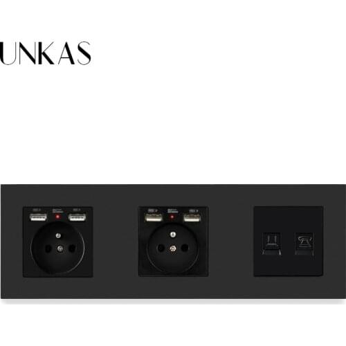 UNKAS Plastic Panel Double French Standard Socket with 4 USB Charging Port + RJ11 Telephone Connector + RJ45 Internet Computer