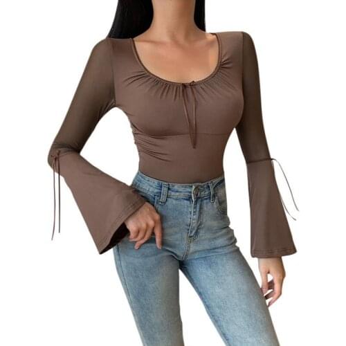 Womens Flared Full Sleeve T-shirt Slim Elegant Slim Mesh Patchwork Transparent High Street Retro T-shirt Top