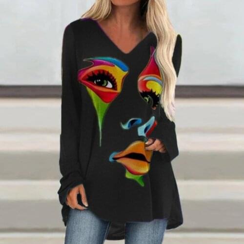2021 Womens Loose Pullovers Long Tops Ladies Tee Casual Abstract Face Print Shirts Long Sleeve Top Fashion T Shirt S-5XL Black