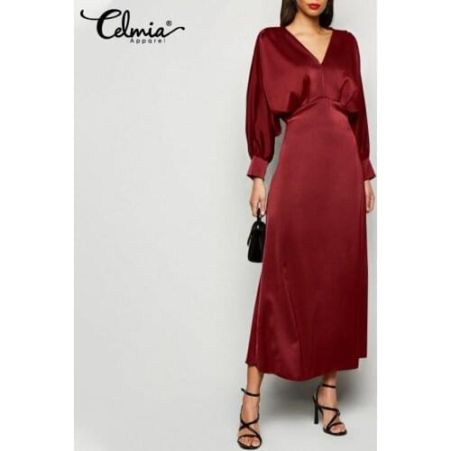 Celmia Women Elegant Satin Maxi Dress Autumn Sexy Long Bat Sleeve V Neck Party Vestidos Silk Long Sundress Solid Vintage Robe