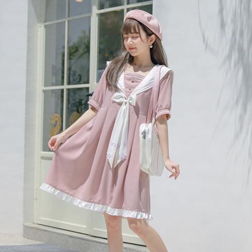 MAGOGO College Bow Dress Loose Belly Girls Cute Sweet Pink Short Sleeve Mini Dress