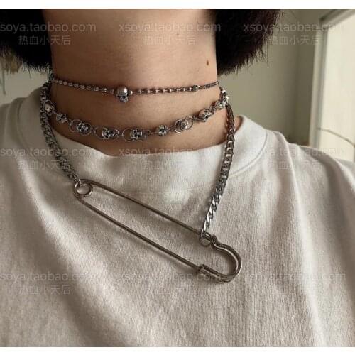 Hip Hop Harajuku Retro Pin Pendant Choker Clavicle Chain Silver Color Necklace for Women Men Couple Birthday Party Jewelry