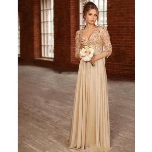 Champagne Long Chiffon Maternity Evening Formal gown 2018 Lace Pearl Beaded Three Quarter Sleeve Mother of the Bride Dresses