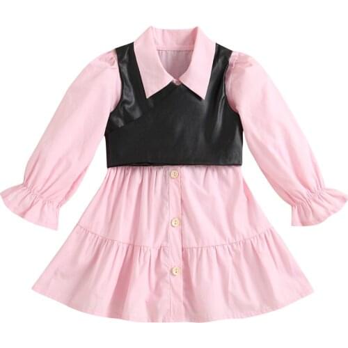 2021 Toddler Baby Girl 2Pcs Autumn Dress Long Sleeve Turn-down Collar Pink Dress Vest Outfit 0-6Years