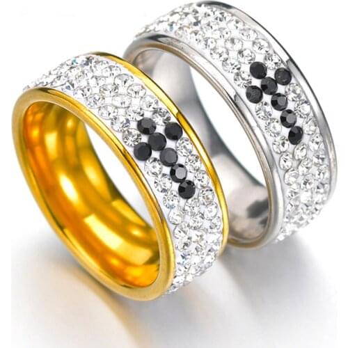 8mm Wide 3 Row Rhinestone Cross Ring Jesus Stainless Steel Finger Rings for Women Men Female Teen Wedding Engagement Jewelry