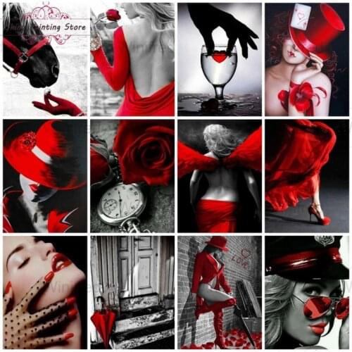 Diamond Painting Black Red Sexy Woman Diamond Embroidery Rose Portrait Full Round Drill Pictures Of Rhinestones Mosaic Wall Art