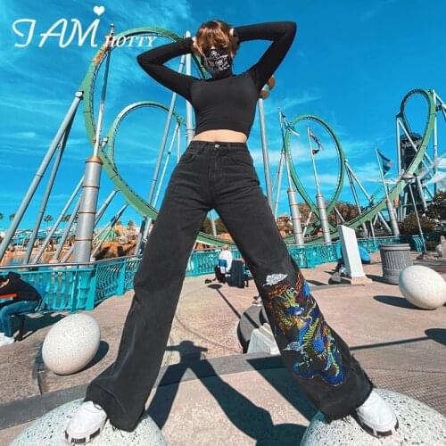 Dragon Embroidered Black Jeans Women Street Style Wide Leg Straight Denim Pants High Waist Jeans Vintage Baggy Pants Iamhotty