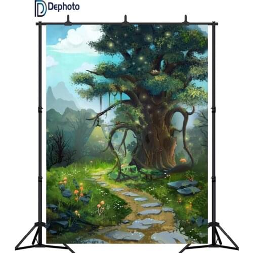DePhoto Fairy Tale tree Photography Backdrops Children Backgrounds Photo Studio Mushrooms squirrel Flowers Photo Background