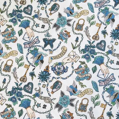 Blue Love Letter 80S Like Liberty Cotton Fabric For Kids Baby Sewing Cloth Dresses Skirt DIY Handmade Designer Patchwork Meter