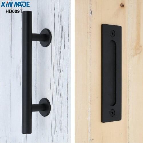 KIN MADE Iron Steel Black Powder Coated Barn Door Handle Flush Pull Combo Wood Door Pull
