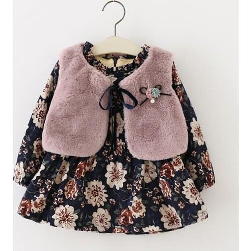 Girls Suit ChildrenS Clothing Autumn And Winter Fur Vest+Princess Party Flowers Velvet Dress 2pcs Warm Baby Kids Girl Clothes