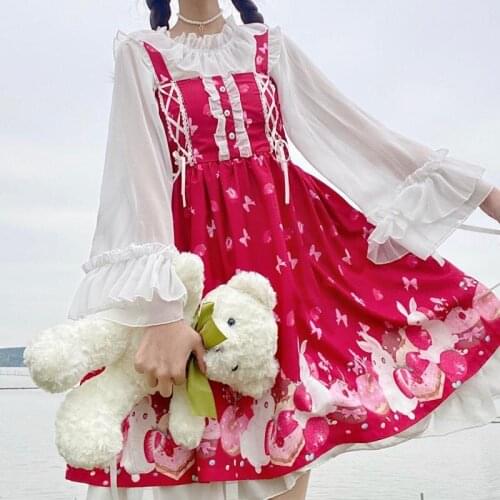 Lolita Chiffon Blouse Inside Short Shirt Women Loose Long Flared Sleeve Sweet Pull Japanese Soft Girl Transparent Thin Crop Tops