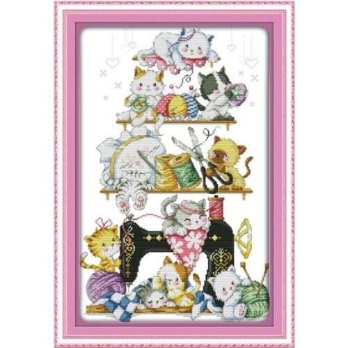 Joy Sunday Kitten next to the sewing machine cross stitch kit Cat pattern Printed Chinese embroidery needlework Decorations sets