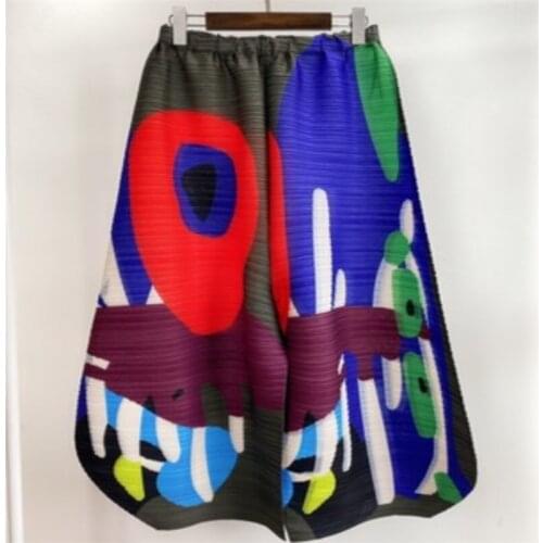 2021 spring and summer new printed pants Miyak fold Fashionable loose large size personalized design nine-point wide-leg pants
