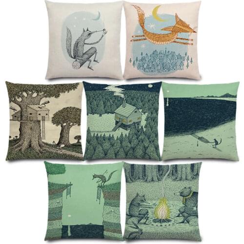 New Sketch Fairy Tales Fantasy Forest Hut Tree House Little Girl Boy Magical Animals Fable World Cushion Cover Pillow Case