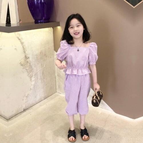 Girls clothes summer two-piece fashion casual striped plaid coat sweatshirt + nine-point pants 2-7 year Beibei Quality clothing