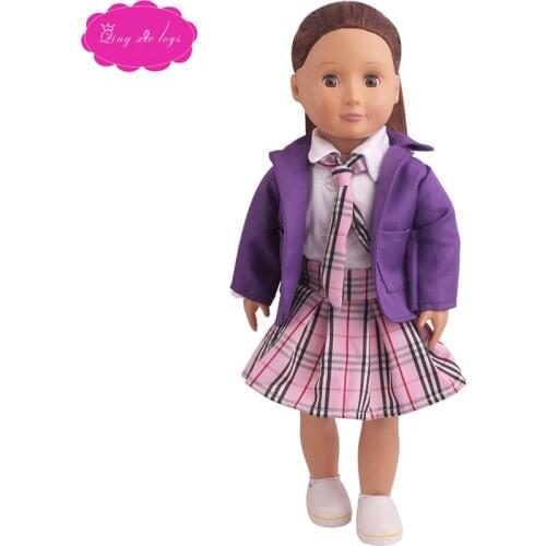 18 inch Girls doll clothes Purple school uniform skirt suit 3 pcs American new born dress Baby toys fit 43 cm baby dolls c791