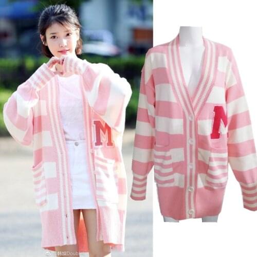 Kpop IU Lee Ji Eun the same Pink long sweater coat female knitted cardigan sweater women Korean winter warm sweet V-neck sweater