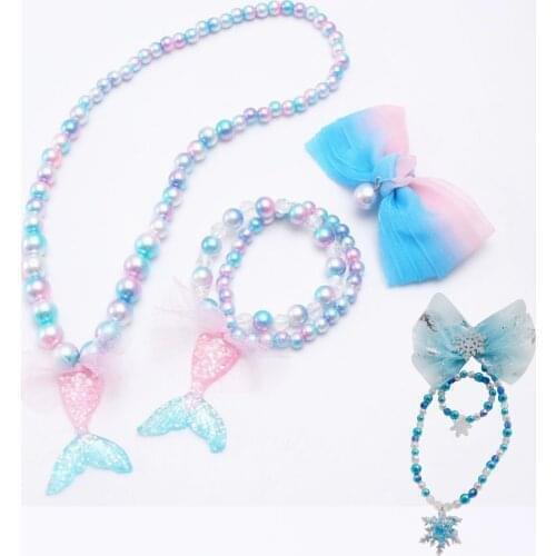 Kid Girls Mermaid Taile Pendant Pearl Necklace Bracelet Hairpins Set Girl Accessories Snowflake Necklace Toys Girl Birthday Gift