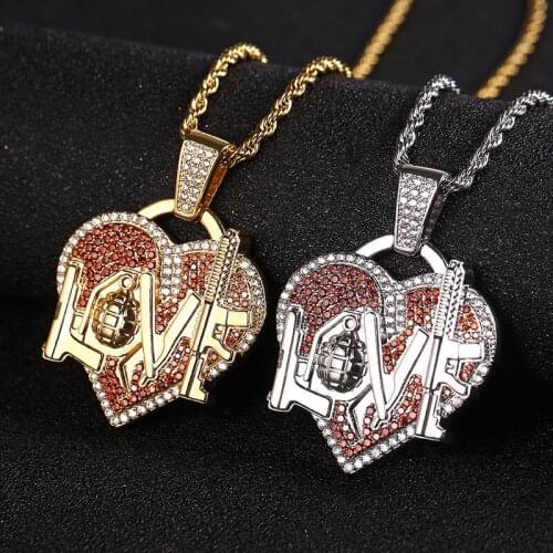 Hip Hop Claw Setting AAA+ CZ Stone Bling Iced Out Grenade Gun Love Heart Pendants Necklaces for Men Women Lover Rapper Jewelry