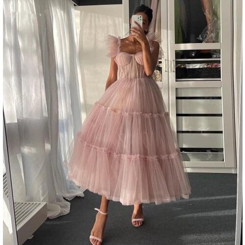 Prom Dresses A-line Sweetheart Ankle Length Tulle Tiered Dubai Saudi Arabic Robe De Soiree Short Prom Gown Evening Dresses