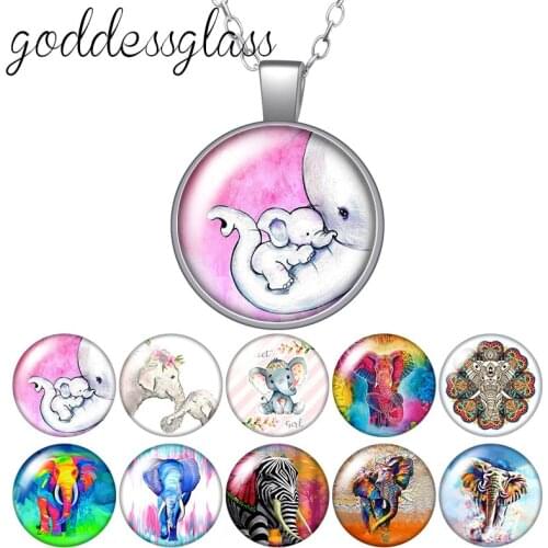 Lovely Cute Elephant Mothers' love Round Glass glass cabochon silver plated/Crystal pendant necklace jewelry for Gift