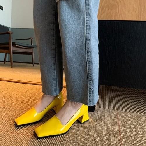 SKLFGXZY Square Toe Slip On Women Shoes Genuine Leather Shallow Ladies Shoes Spring Autumn Concise Square High Heels Size34-40