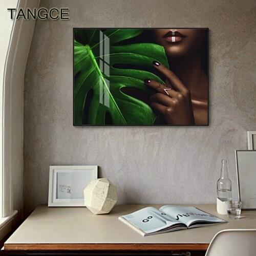 Modern Black Beauty Model Canvas Painting Green Leaf Posters Prints Sexy Girl Wall Art Pictures for Living Room HD Figure Poster