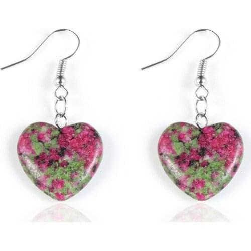 Women Natural Stone Love Heart Dangled Earrings Red Green Stone Tiger Eye Turquoises Hanged Earring Hook Jewelry Gifts for Her