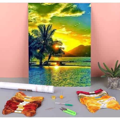 Seaside Landscape Printed Water-Soluble Canvas 11CT Cross-Stitch DIY Embroidery Full Kit DMC Threads Craft Wholesale