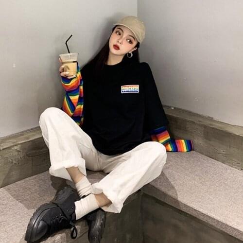 Color Striped Patchwork Femal Tshirt Autumn Casual Long Sleeve Women Loose O-Neck Tops кофта топ